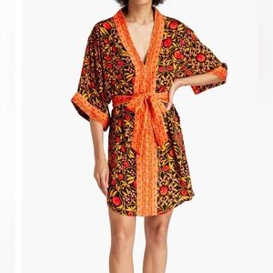 REBECCA VALLANCE L Floral-Print Crepe Tunic Top Mini Dress Kimono Sleeve Style